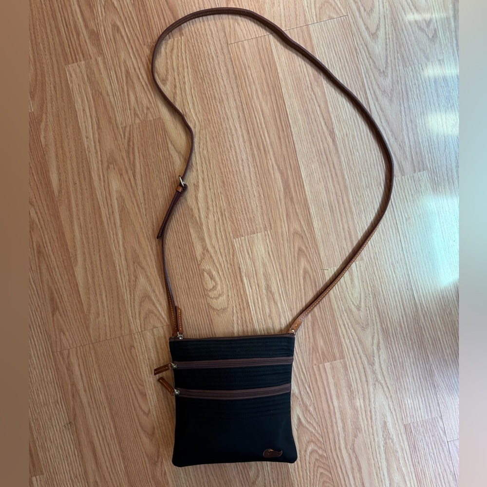 Dooney & Bourke Black Crossbody with Brown Leather Patch